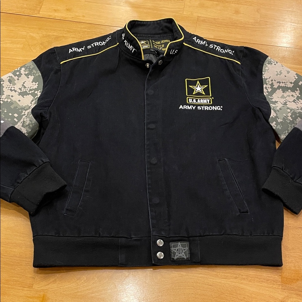 U.S. Army Strong Official Black Camo Bomber Jacket Large Heavyweight Embroidered